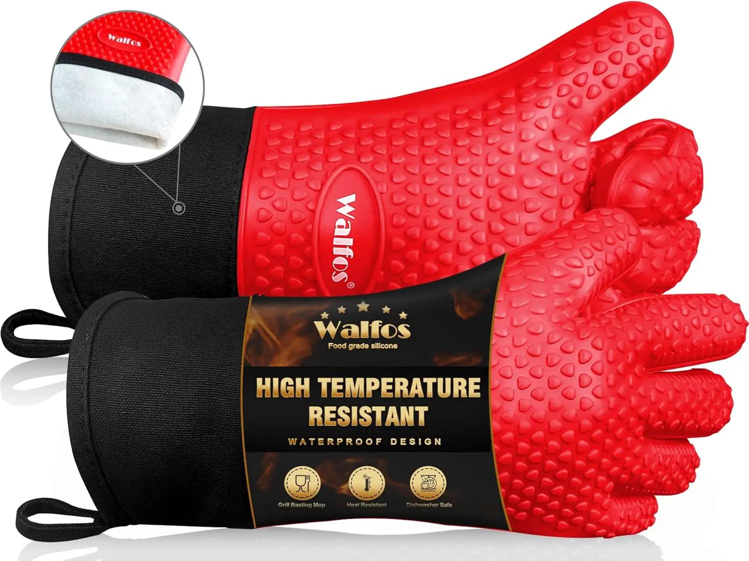 Walfos Silicone BBQ Gloves - Heat Resistant Grilling Gloves, Premium Non-Slip Kitchen Silicone Oven Mitt with Protective Cotton Layer Inside, Waterproof, Great for Grilling, Kitchen and Cooking, Red by GreenHaven Gardens
