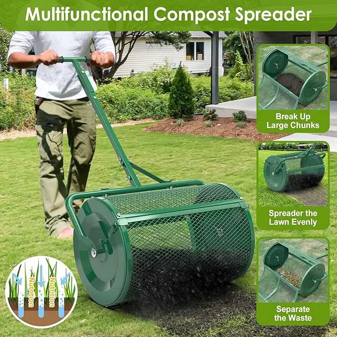 Seeutek Compost Spreader - 24" Peat Moss Spreader with 3 Heights, Top Soil Spreader W/Upgraded Side Latches Support Rod Powder Coated Metal Mesh Top Dressing Spreader for Lawn, 2 Way Uses-Push or Tow by GreenHaven Gardens