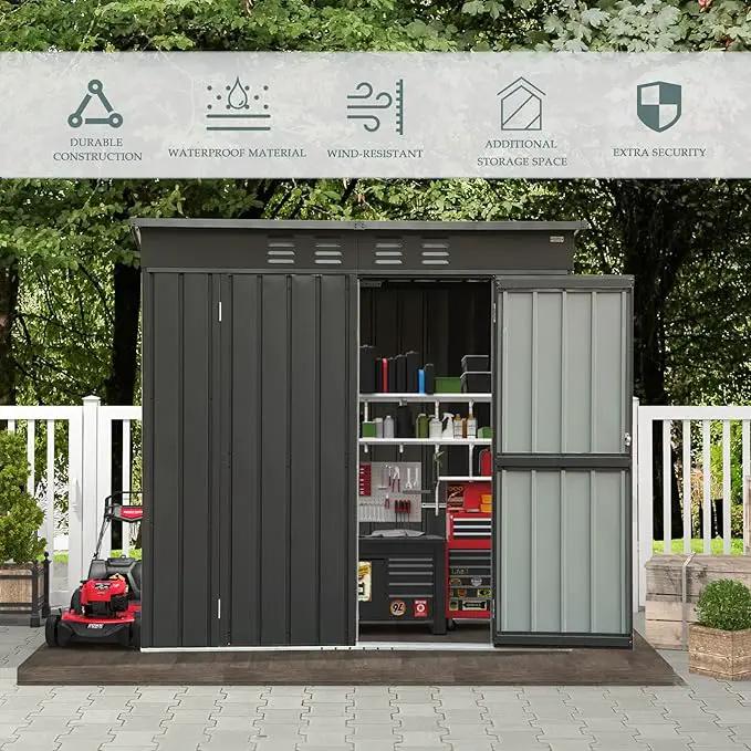 Domi Outdoor Storage Shed 6' x 4.5’, Metal Garden Shed with Galvanized Steel Frame for Bike, Tools, Lawn Mowers, Pool Toys, Outdoor Storage Cabinet with Lockable Door for Garden Lawn Patio (Dark Grey) by GreenHaven Gardens