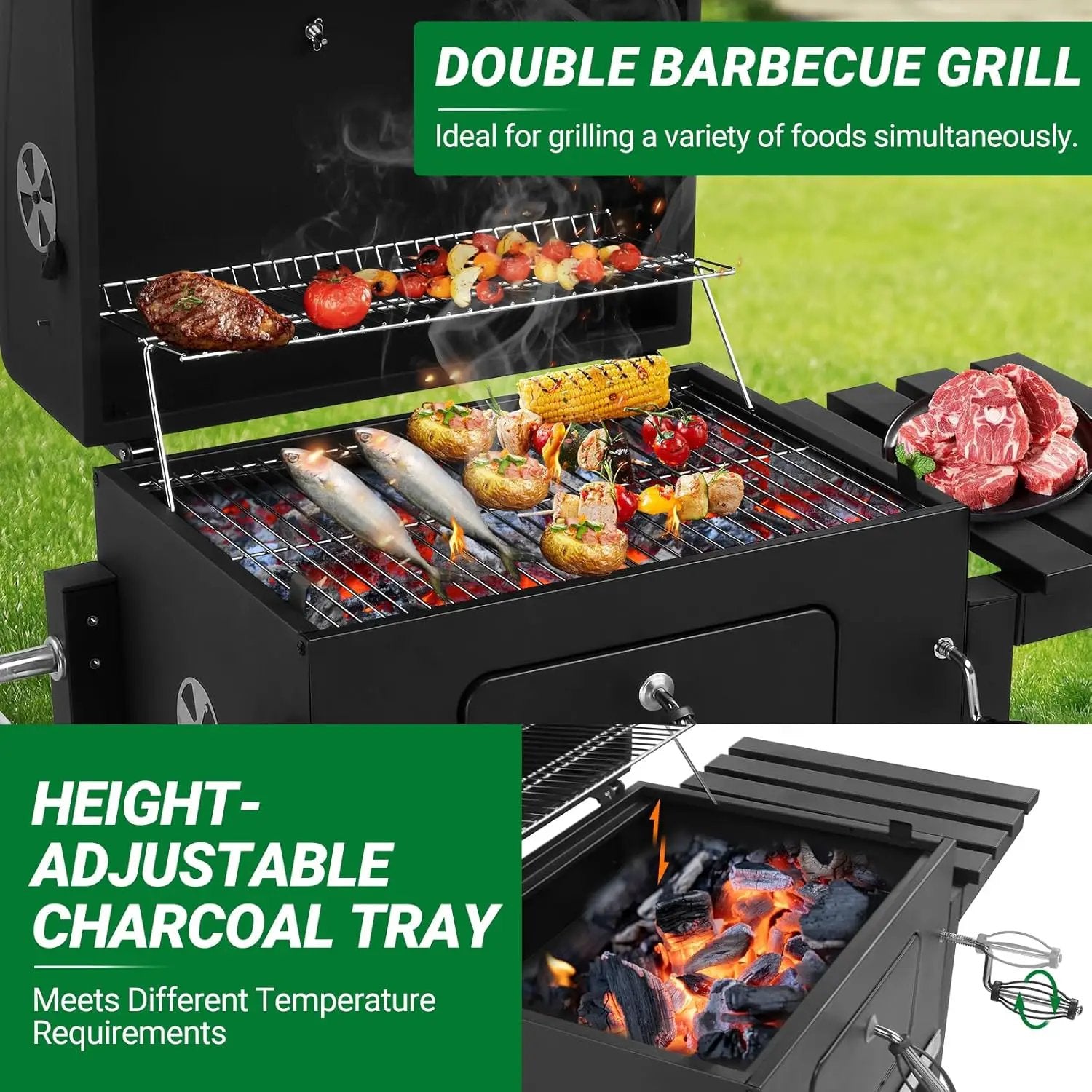 Outvita Large Barrel Charcoal BBQ Grills with 794 SQ.IN. Cooking Area, Outdoor Barbecue Grill with Adjustable Charcoal Tray & Foldable Side Table for Backyard Patio Picnic by GreenHaven Gardens