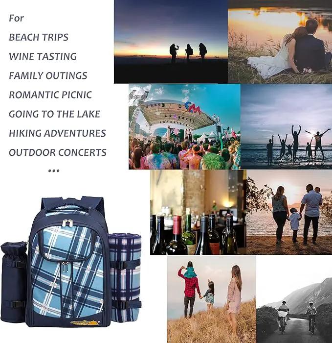 Apollo walker Picnic Backpack Set for 4 with Cooler Compartment,Detachable Bottle/Wine Holder Including Large Picnic Blanket(45"x 53") for Picnic Family and Lovers Gifts,Outdoor,BBQ Time (Blue) by GreenHaven Gardens