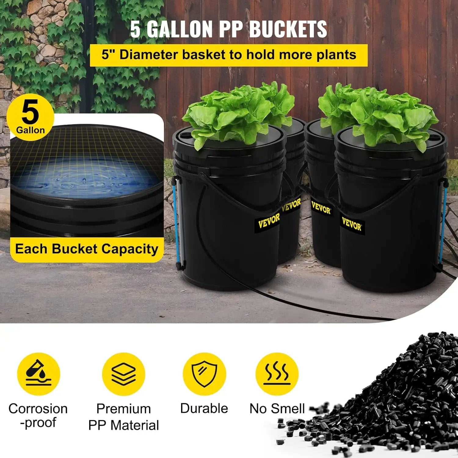 VEVOR DWC Hydroponic System, 5 Gallon 4 Buckets, Deep Water Culture Growing Bucket, Hydroponics Grow Kit with Pump, Air Stone and Water Level Device, for Indoor/Outdoor Leafy Vegetables by GreenHaven Gardens
