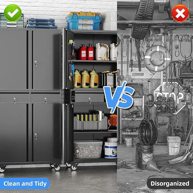 Metal Garage Storage Cabinet with Locking Doors and 2 Adjustable Shelves, Rolling Tool Storage Cabinet with 4 Wheels and 2 Drawer for Garage, Warehouse, Black, Assembly Required by GreenHaven Gardens