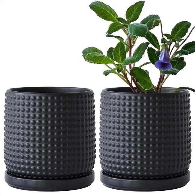 D'vine Dev Set of 2 Ceramic Plants Pots, 6 Inch Beaded Stoneware Flower Pot for Plants with Drainage Hole and Saucer, Ebony Matte, 27-E-X-6 by GreenHaven Gardens