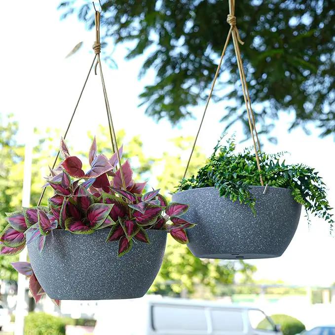 12 Inch 2 Pack Large Hanging Planters for Indoor Outdoor Plants, Plastic Hanging Basket Pots for House Plants Flowers, Grey by GreenHaven Gardens
