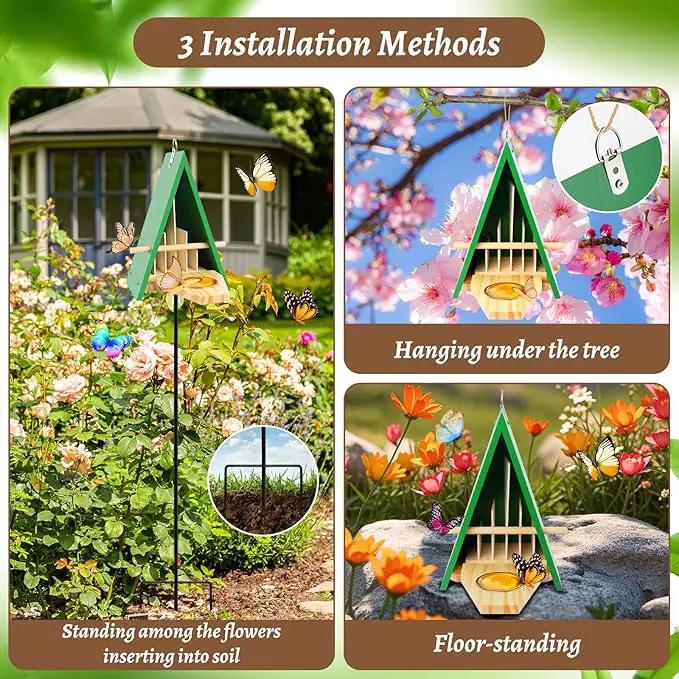 2025 New Butterfly House and Feeder for Outside, Wooden Butterfly House with Metal Stake for Garden, Natural Butterfly Habitat with Butterfly Puddler on The Floor or Hanging on Tree Wall by GreenHaven Gardens