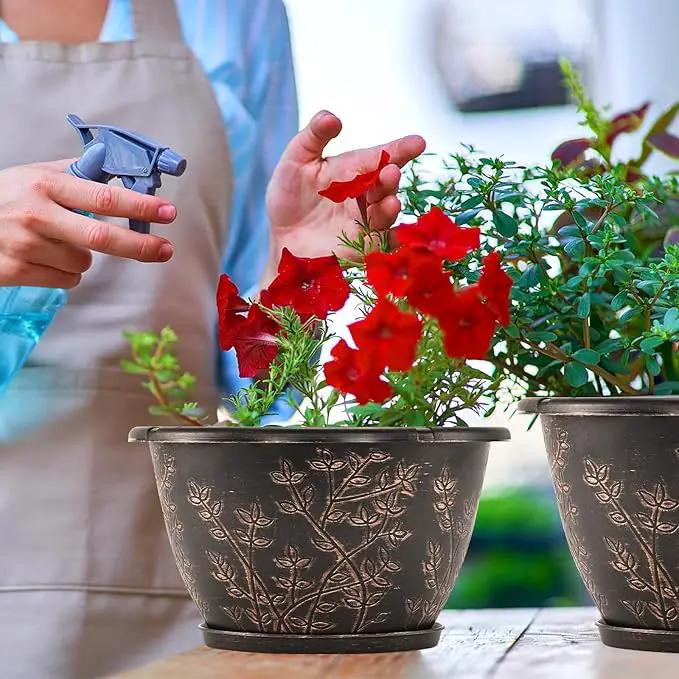 12-inch-Flower-Pots-Outdoor-Indoor, 4 Pack Plastic Planter Pots for Plant with Drainage Hole Saucer, Decorative Resin Garden Container with Tray by GreenHaven Gardens