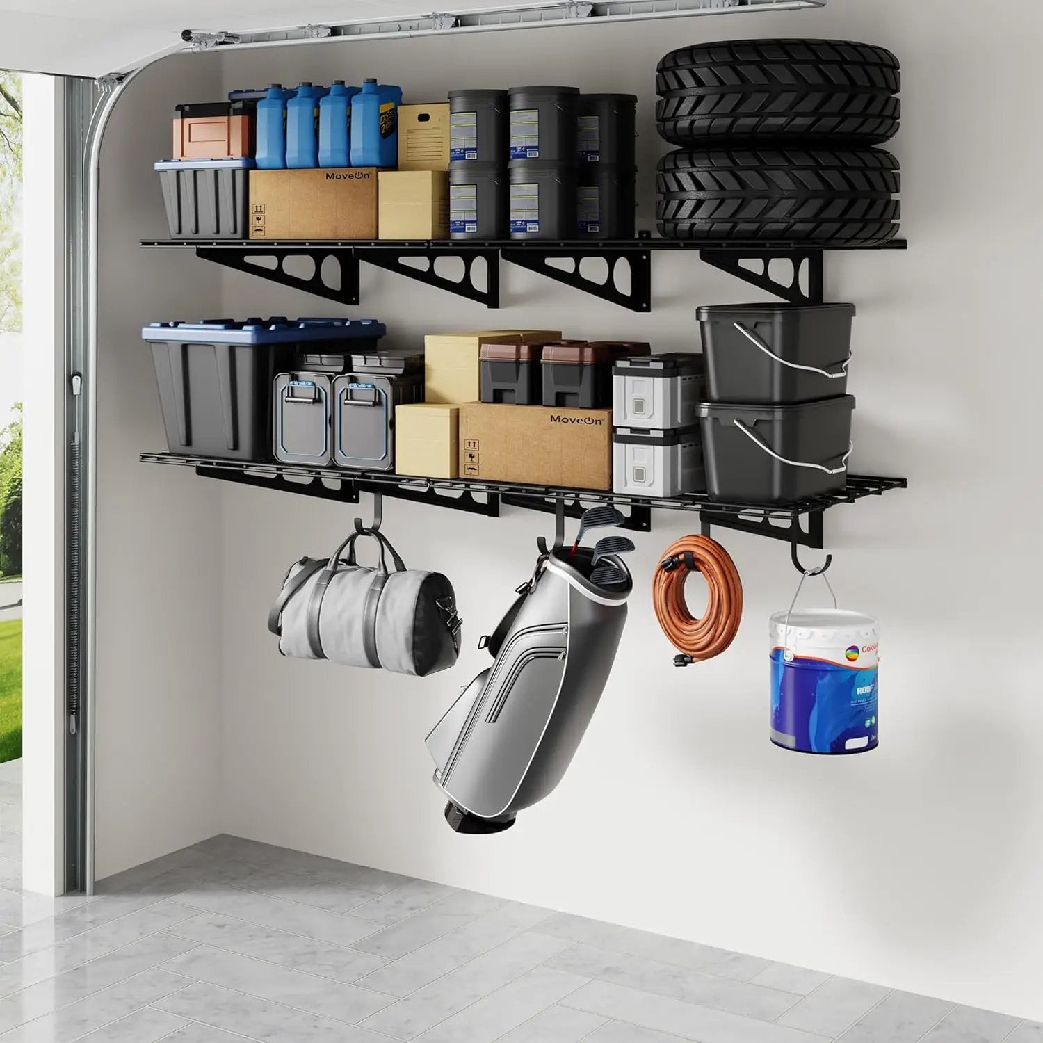 FLEXIMOUNTS 2-Pack 2x6ft Garage Shelving with Hooks, 24-inch-by-72-inch Wall Shelf Garage Storage Racks Floating Shelves, Black by GreenHaven Gardens