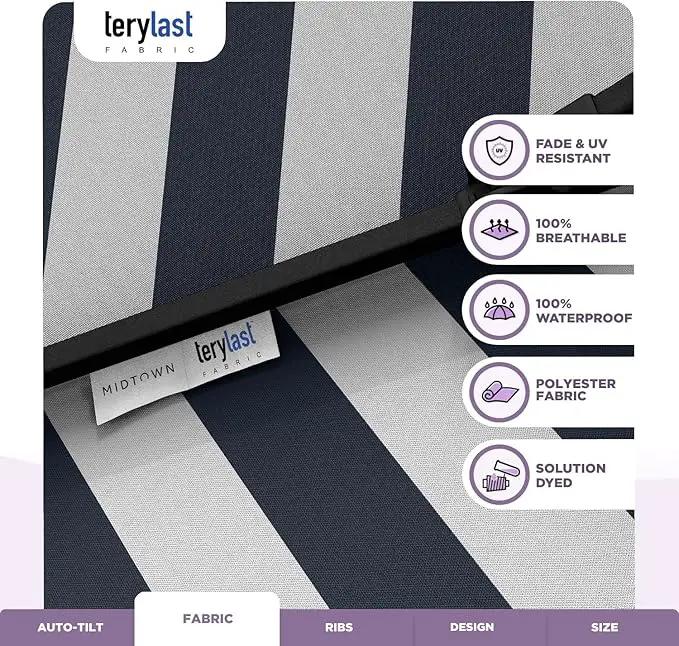 Midtown Umbrellas 10-Year-No-Fade - 9 Ft - UV Proof Navy Stripes Polyester Fabric - Umbrella Outdoor Patio, Auto-Tilt Aluminum Frame Patio Umbrella for Garden, Pool & Deck - Black Pole by GreenHaven Gardens