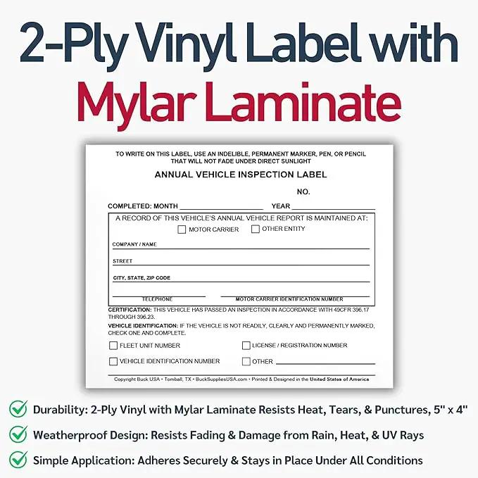 50 Pack 3-Ply Carbonless Annual Vehicle Inspection Report Forms with FMCSA 2-Ply Mylar Laminate Adhesive Vinyl Labels, DOT Inspection Forms and Stickers, Shrink-Wrapped, 8.5" x 11.75" - Made in USA by GreenHaven Gardens