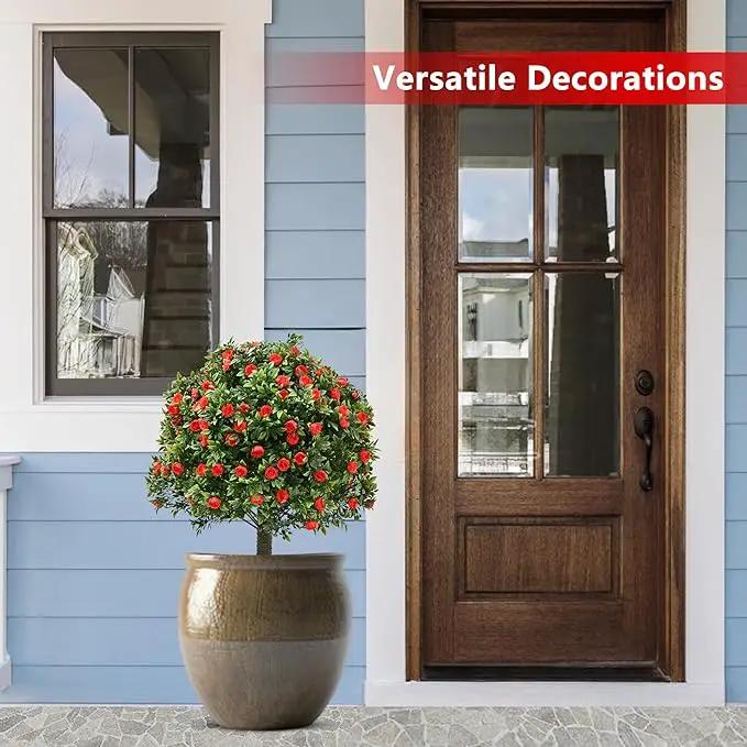 28" Artificial Boxwood Topiary Tree with Rose, Set of 2 Artificial Shrub Bushes with Ground Spike, Fake Evergreen Tree for Porch, Artificial Plants for Outdoor Planters Indoor UV Resistant by GreenHaven Gardens