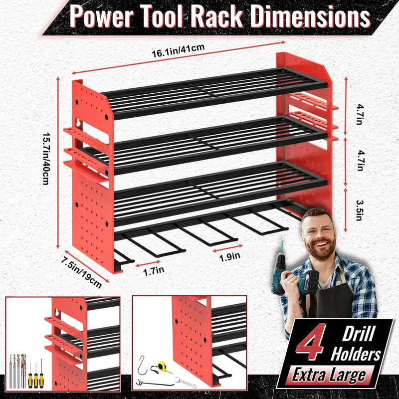 Power Tool Organizer Wall Mount, Red Metal Power Tool Storage Rack with Screwdriver Holder, Garage Tool Storage Shelves with Screwdriver Holder Plier Holder (Red, 4 Drills Holder) by GreenHaven Gardens
