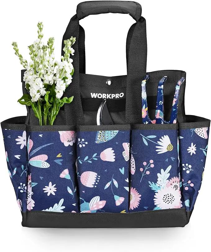 WORKPRO Garden Tool Bag, 9-Pocket Heavy Duty Oxford Tote Bag, Gardening Tool Kit Holder, 12" x 12" x 6" (Blue Insects) by GreenHaven Gardens
