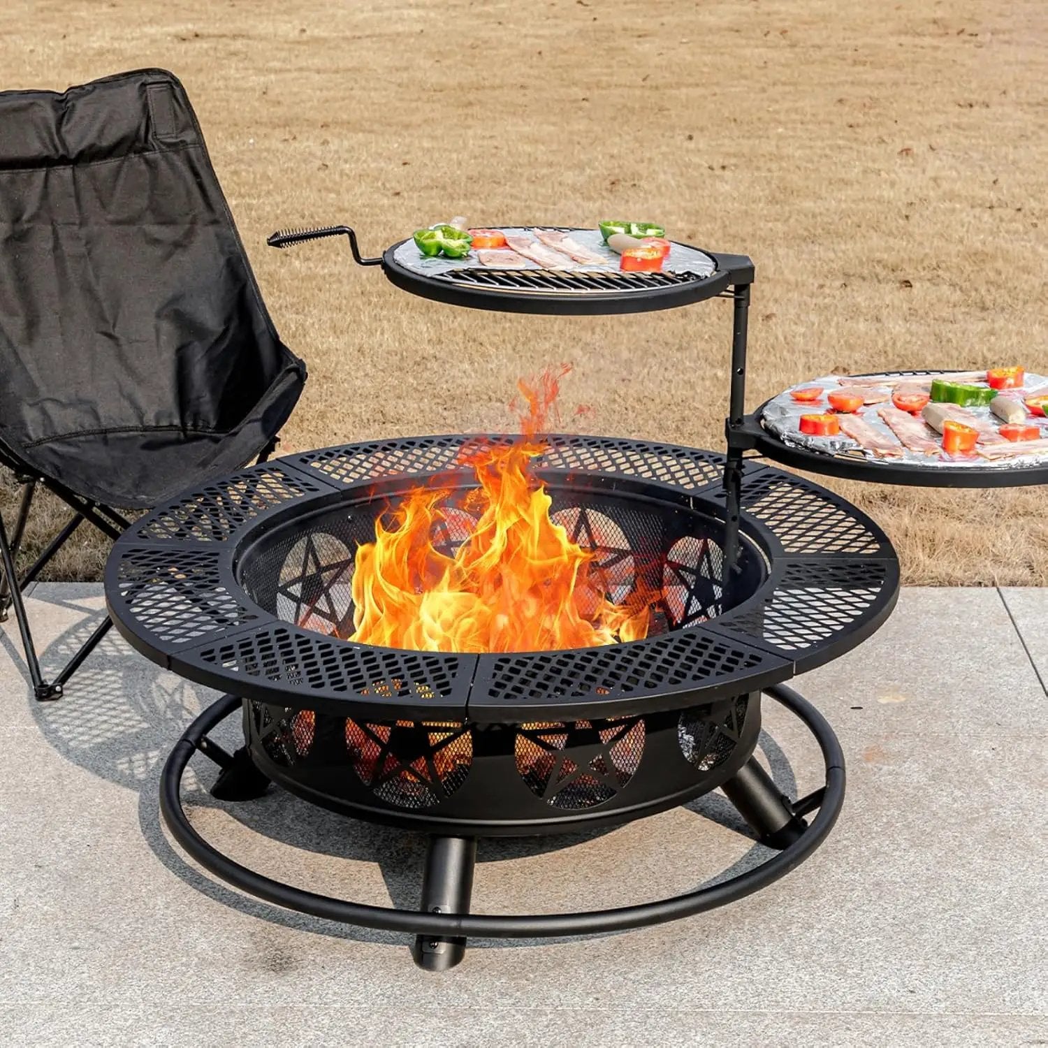 36 Inch Fire Pit with 2 Grills, Wood Burning Fire Pits for Outside with Lid & Poker, BBQ& Outdoor Firepit & Round Metal Table 3 in 1 for Patio, Picnic, Party by GreenHaven Gardens