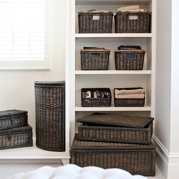 The Basket Lady Pole Handle Wicker Storage Basket, Extra Large, 20 in L x 16 in W x 10 in H, Antique Walnut Brown by GreenHaven Gardens