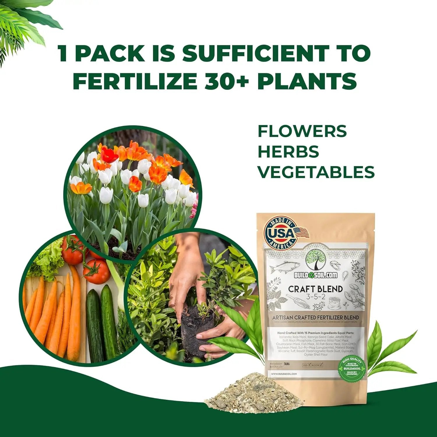 BuildASoil Fertilizer for Vegetable Garden and Ogranic Plant Food | Hand-Crafted Organic Fertilizer with 15 Premium Ingredients | Ensures Larger Plants and More Fragrant Flowers (44 LB - Large Bag) by GreenHaven Gardens