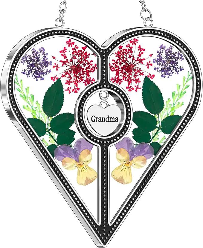 KY&BOSAM Heart Suncatcher Grandma Stained Glass for Windows Hangings Ornament Wind Chimes with Pressed Real Flower Heart Embedded in Glass Birthday Gifts for Women Grandma Mother`s Day Christmas Decor by GreenHaven Gardens