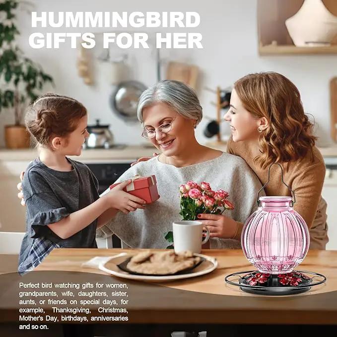 2 Pack Glass Hummingbird Feeder for Outdoors Hanging, Bird Nectar Feeder with Perch & 5 Flower Feeding Ports, 26 Oz Leak Proof for Outside Garden Decor Backyard, Gifts for Women Mom, Red & Pink by GreenHaven Gardens