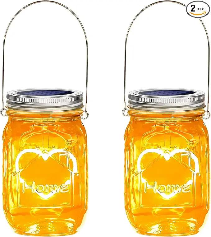 Hanging Solar Mason Jar Lights, 2 Pack Warm Heart Shape Led Lights, Solar Powered Lanterns Outdoor Waterproof, Hangers and Jars Included, Gift for Lover, Home Party Wedding Garden Patio Decor (2) by GreenHaven Gardens