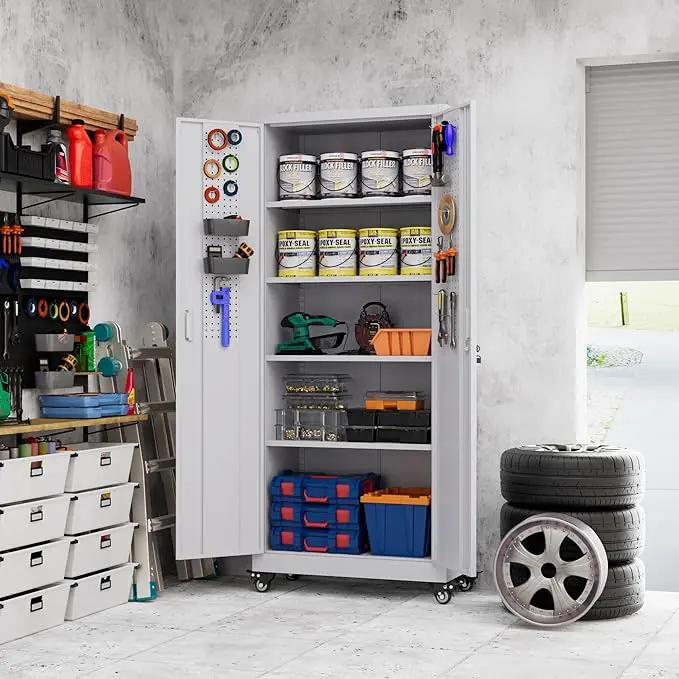 73" H Metal Garage Storage Cabinet with Wheels & Pegboard,Rolling Tool Cabinet with 2 Doors and 4 Shelves for Garage,Home,Office,Warehouse,Workshop, Required-Assembly,White by GreenHaven Gardens