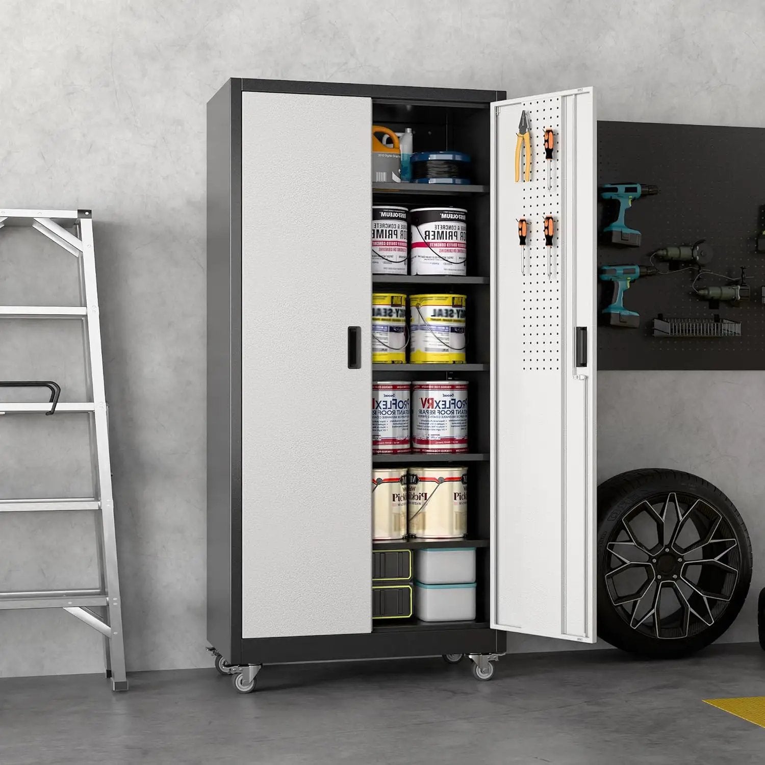 Upgraded Wide & Deep Metal Garage Storage Cabinet with Wheels & Pegboard, Lockable Metal Storage Cabinets with 2 Doors&5 Adjustable Shelves for Garage&Home,Assembly Required,Black Gray by GreenHaven Gardens
