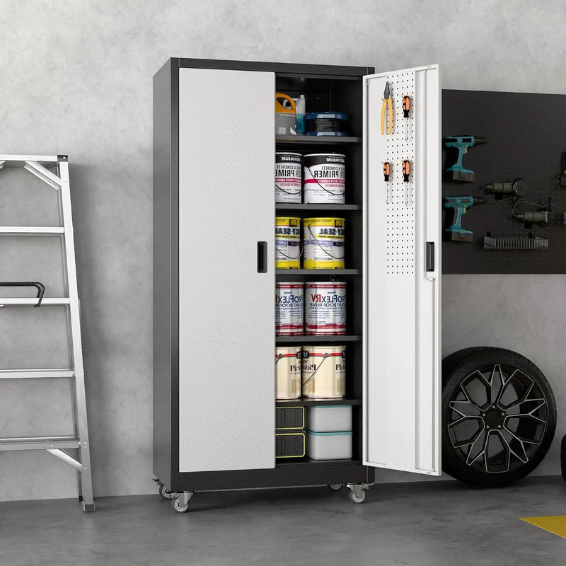 Upgraded Wide & Deep Metal Garage Storage Cabinet with Wheels & Pegboard, Lockable Metal Storage Cabinets with 2 Doors&5 Adjustable Shelves for Garage&Home,Assembly Required,Black Gray by GreenHaven Gardens
