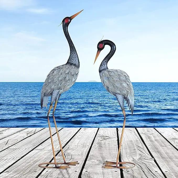 Crane Statue Garden Décor, Metal Heron Statue Yard Art for Outdoor Patio Lawn Backyard Pool Front Porch Deocr, Bird Garden Sculpture & Statues, Set of 2, Black and White by GreenHaven Gardens