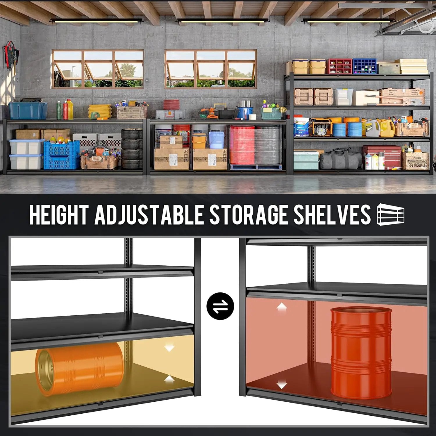 59.8" W x 59.8" H x 24.2" D Metal Storage Shelves, 2120LBS Garage Shelving Unit with Adjustable Shelf, 4 Tier Storage Rack for Garage, Pantry, Warehouse, Basement, Black, 2 Pack by GreenHaven Gardens