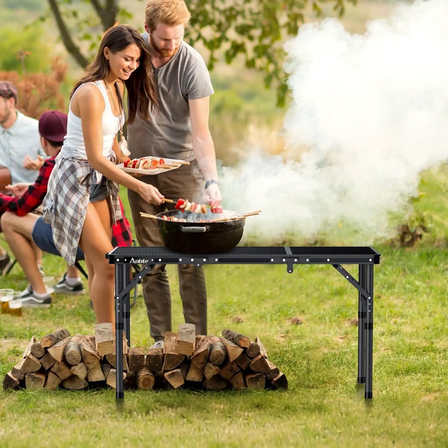 Folding Grill Table, Aluminum Camping Table Adjustable Height Max 27.5" Picnic Table Outdoor Table, Lightweight, Portable Handle for Travel Cooking BBQ Picnic, 35" x 16", Black by GreenHaven Gardens