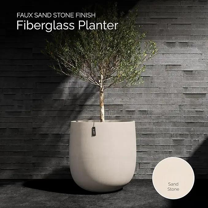 Mondo Large Planter – Sand Stone Finish – Fiberglass Indoor/Outdoor and Weather-Resistant Round Planter (26" D x 24" H Exterior, 24.6" D x 24" H Interior) by GreenHaven Gardens