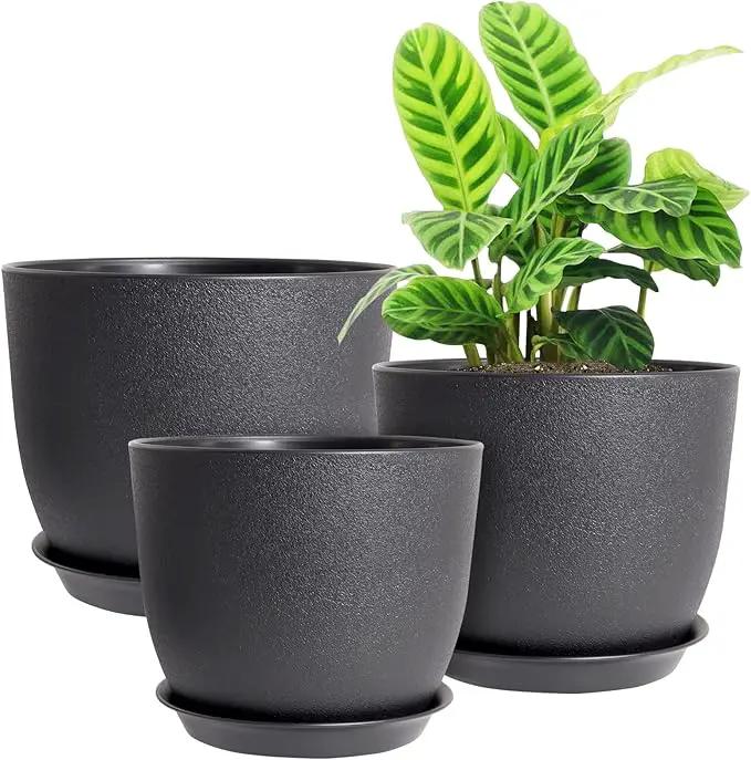 12/10/9 Large Modern Plant Pots, Plastic Planters with Drainage Holes and Saucers for Indoor Outdoor Plants Flowers, Black by GreenHaven Gardens
