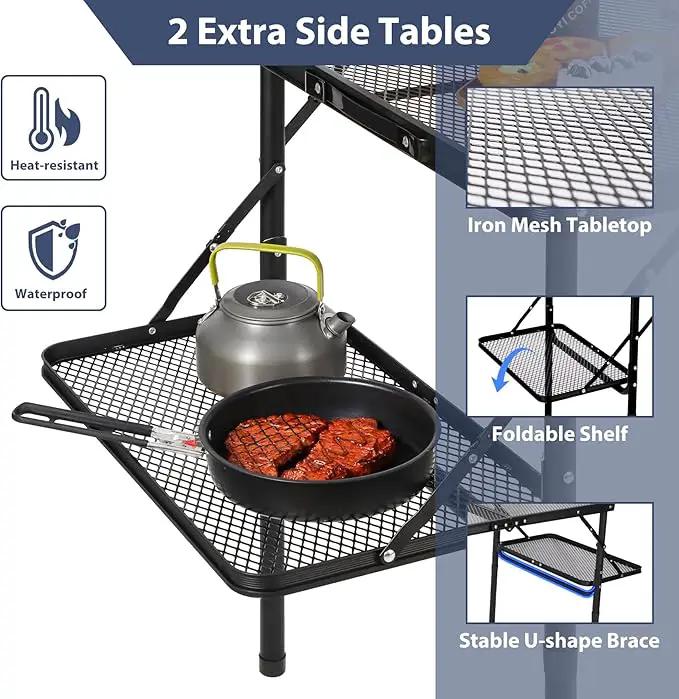 REDCAMP 36x24 Folding Grill Table for Outside with 2 Side Tables, Lightweight Portable Metal Aluminum Outdoor Grill Table with Adjustable Height Legs, Great for Camping Picnic Cooking BBQ, Black 3ft by GreenHaven Gardens