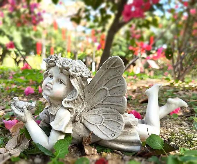 MeritMode Fairy Flower Garden Outdoor Statue - Angel Holding Bird and Butterfly, 11" Width, Cherub Decor and Grandma Gifts, Patio and Yard by GreenHaven Gardens