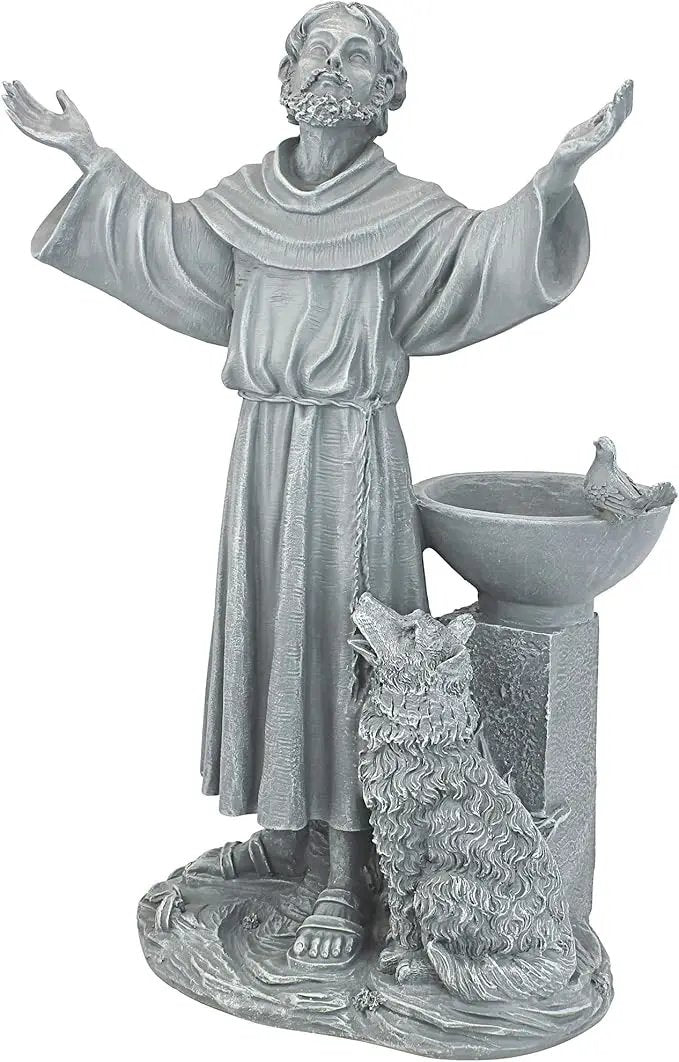 Design Toscano Francis of Assisi Blessing Religious Garden Decor Statue with Bird Bath Feeder, 19 inches Tall, Cast Stone Resin, Gray Stone Finish by GreenHaven Gardens