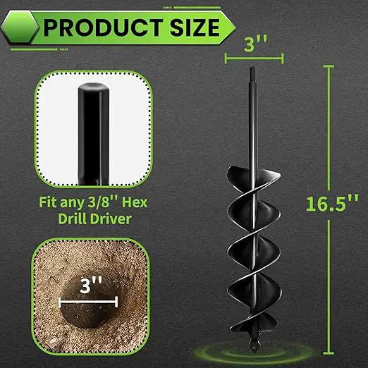 SYITCUN Auger Drill Bit for Planting 3"x16.5" Solid Shaft Garden Spiral Drill Bit for Bulb Bedding, Post Hole Auger for 3/8” Hex Drive Drill by GreenHaven Gardens