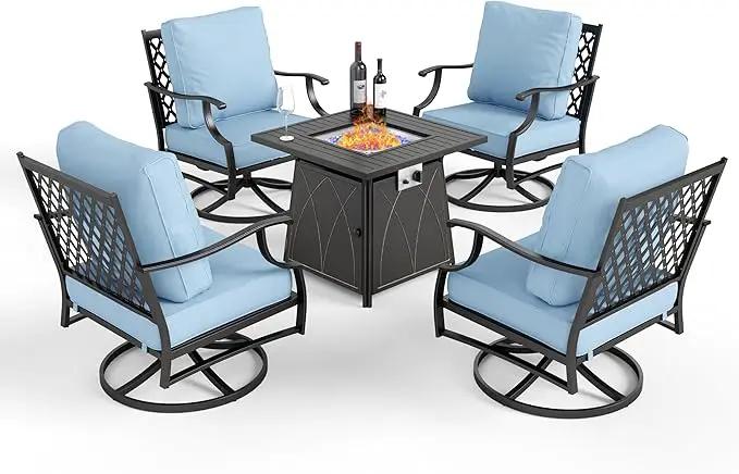 Patio Furniture Set with Fire Pit Table, 5 Pcs Metal Outdoor Conversation Set, 4 Swivel Chairs with 5.75" Extra Thick Cushion and 28" Fire Pit Table for Backyard Deck, Blue by GreenHaven Gardens