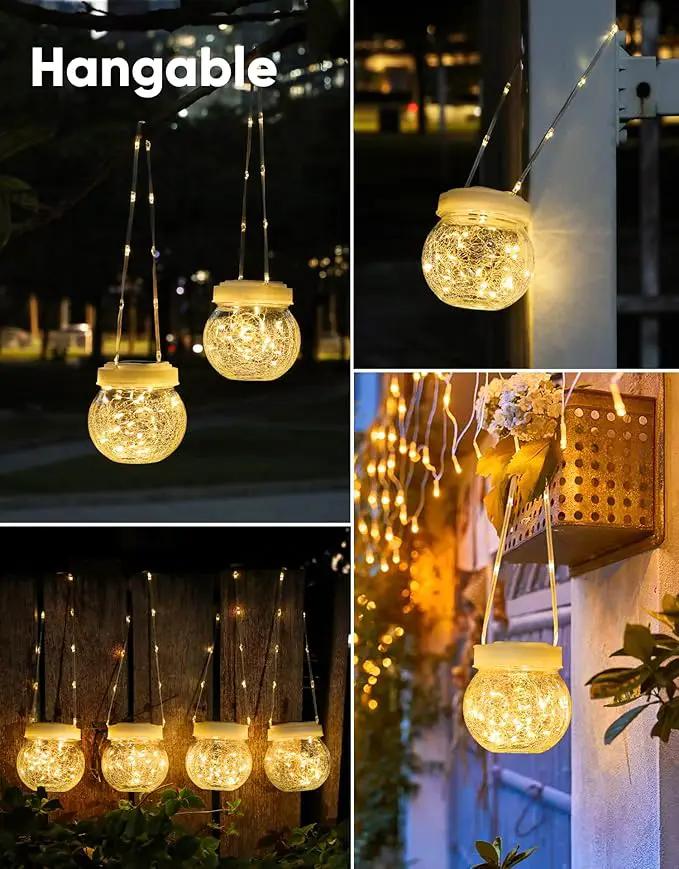 Solar Lantern Solar Lights Outdoor Waterproof 2-Pack, Solar Powered Hanging Lights Cracked Glass Hanging Globes for Christmas Decoration, Shepherd Hook, Garden Tree Ornaments, White Cap, Warm White by GreenHaven Gardens