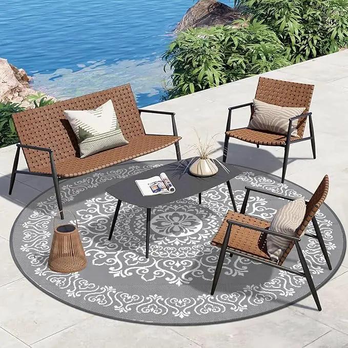Pauwer Waterproof Outdoor Rug 8ft, Reversible Plastic Straw Patio Camping Rug, Indoor Outdoor RV Mat Carpet for Deck, Camper, Porch, Balcony, Backyard, Picnic, Floral Grey by GreenHaven Gardens