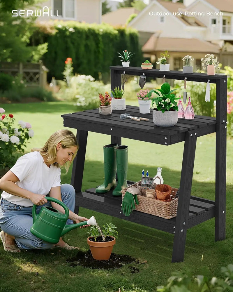 SERWALL Potting Bench Outdoor with Storage Set of 2, 3-Tier HDPE Gardening Table with Angled Legs & Tool Hooks, All-Weather Heavy Duty Potting Table for Patio, Backyard, Garden, Black by GreenHaven Gardens