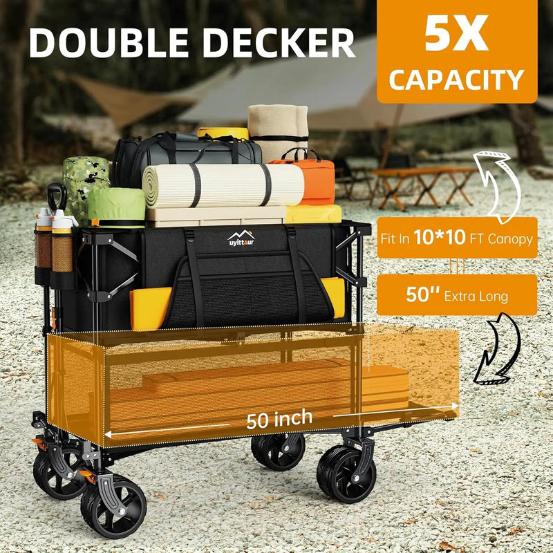 Foldable 50''L Extra Long Double Decker Wagon for Sport, 400L Collapsible Heavy Duty Wagon Cart with Big Wheels, Utility All-Terrain Large Extender Cart for Outdoors by GreenHaven Gardens