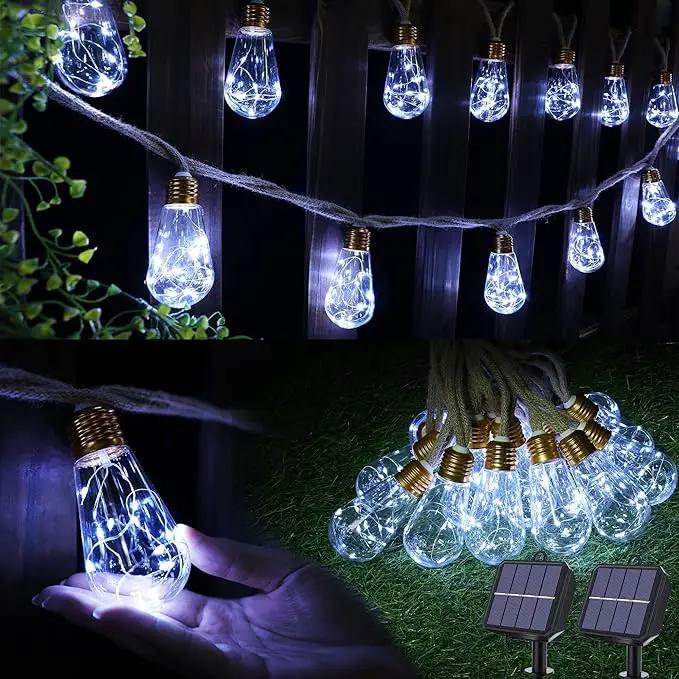 Solar Outdoor String Lights, 2 Pack 20Ft Vintage Rope Hemp Solar Patio Lights, Waterproof White Solar Powered String Lights With 8 Modes 16 Shatterproof Bulbs for Garden Stairs Balcony Café Bistro by GreenHaven Gardens