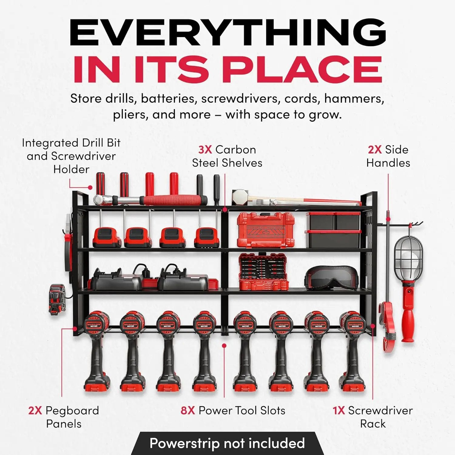 Power Tool Organizer Wall Mount - Power Tool Storage Rack with 3 Shelves, 8 Drill Holders, Bit Holder, Load 300 lbs, Pegboard Sides Storage for Tools- Garage Drill Organizer, Ultimate Workshop Station by GreenHaven Gardens
