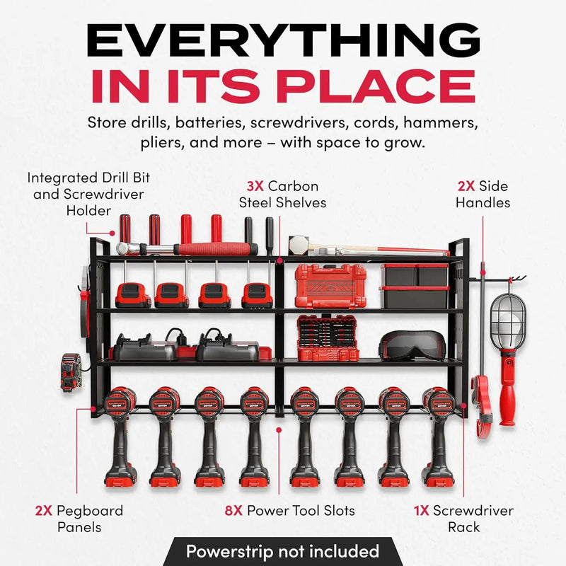 Power Tool Organizer Wall Mount - Power Tool Storage Rack with 3 Shelves, 8 Drill Holders, Bit Holder, Load 300 lbs, Pegboard Sides Storage for Tools- Garage Drill Organizer, Ultimate Workshop Station by GreenHaven Gardens