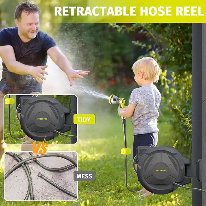 Retractable Garden Hose Reel 5/8 in x 115 ft Heavy Duty Automatic Water Hose Reel Wall Mounted with 10 Pattern Nozzle,Any Length Lock, Slow Return System, 180°Swivel Bracket by GreenHaven Gardens