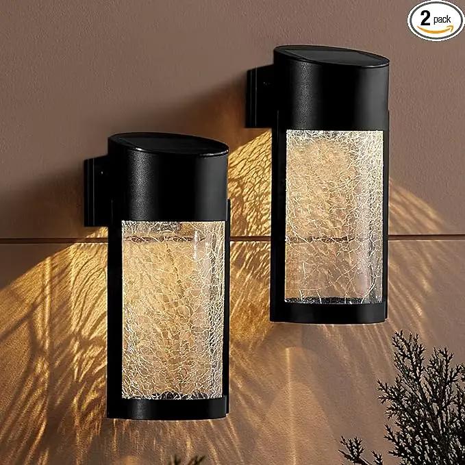 Solar Outdoor Wall Lights Fixture Set of 2 Porch Lights Crackled Glass Diffuser with Warm White LED by GreenHaven Gardens