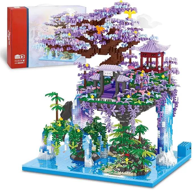 Chinese Moon Palace Pavilion Building Blocks Set - Micro Miniature Bonsai Tree House with String Lights and Flowers for Adults and Kids (4574 Pieces) by GreenHaven Gardens