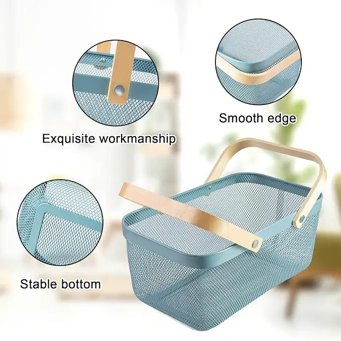 Portable Garden Harvest Basket-Mesh Design Natural Bamboo Handle Wire Storage Baskets,Mesh Basket with Handle Organize Items Reduce Space Occupation,Suitable for Kitchen,Garden,Picnic(Blue) by GreenHaven Gardens