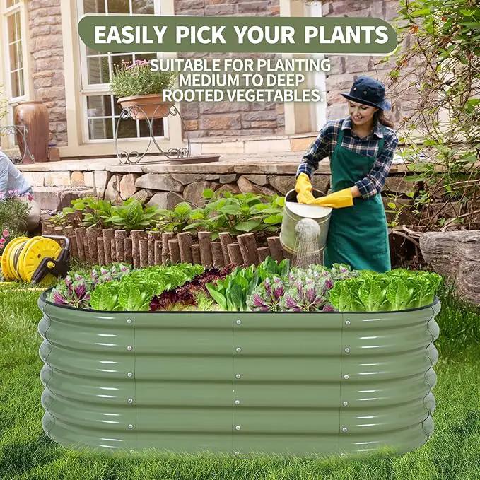 Galvanized Raised Garden Bed - 4x2x1.4FT Metal Planter Boxes Outdoor | Oval Steel Raised Bed Kit for Gardening with Protective Tape, Gloves for Vegetables, Flower, Herb (Green) by GreenHaven Gardens
