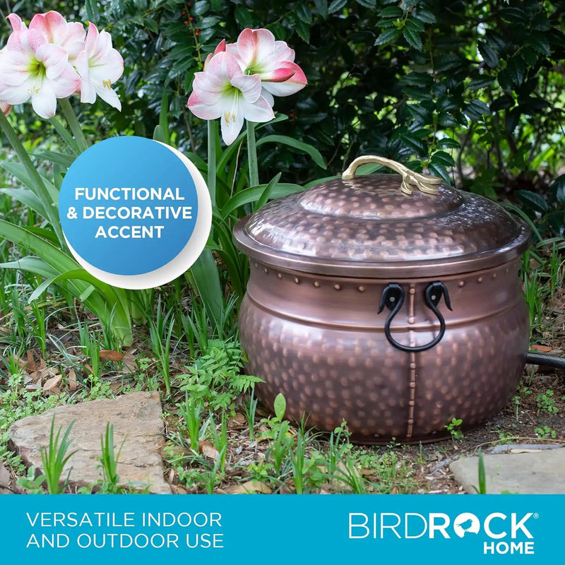 BirdRock Home Water Hose Holder with Lid | Ground Garden Hose Pot | Decorative | Handle | Embossed | Steel Metal with Copper Accents | Outdoor or Indoor Use by GreenHaven Gardens