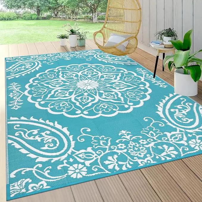 Pauwer Waterproof Outdoor Rug 5x8, Reversible Plastic Straw Patio Camping Rug, Indoor Outdoor RV Mat Carpet for Deck, Camper, Porch, Balcony, Backyard, Picnic, Boho Teal by GreenHaven Gardens